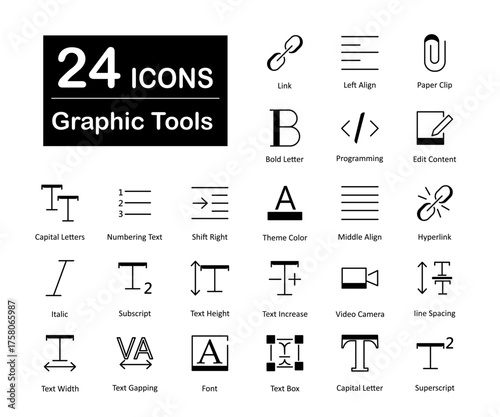 A set of 24 graphic tools icons as link, left align, paper clip, bold letter