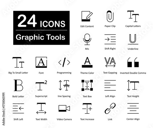 A set of 24 graphic tools icons as edit content, paper clip, capital letter
