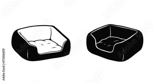 Black and white illustration of two pet beds with soft cushions