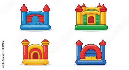 Colorful inflatable bounce castles in various styles and designs displayed