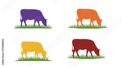 Colorful silhouettes of grazing cows in a field of green grass