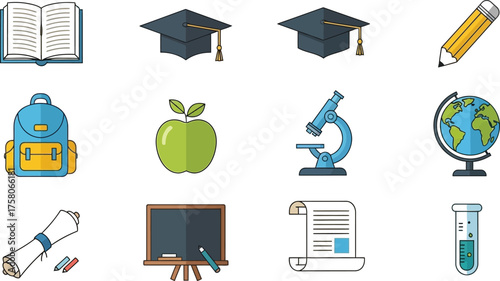 School supplies and education icons collection of study elements such as book, graduation cap, pencil, and backpack