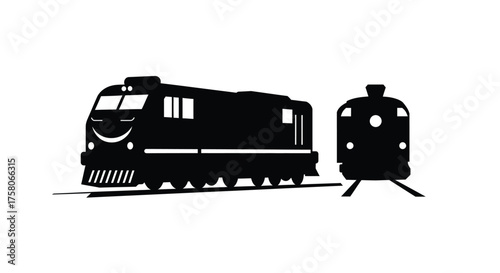Black silhouette illustration of a modern and vintage train on tracks