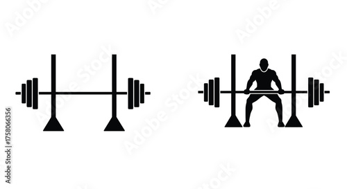 Weightlifting silhouette showing a barbell squat exercise with gym equipment