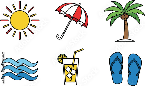 Summer vacation icons set collection of sun, umbrella, palm tree, waves, juice and flip flops for travel design