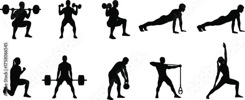Silhouette collection of fitness and workout exercises diverse range of strength training and bodyweight movements for health and wellness