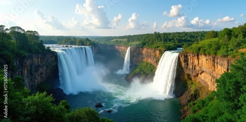 Majestic Zambezi River waterfall panorama; vibrant green surrounds , spray, nature, travel photography