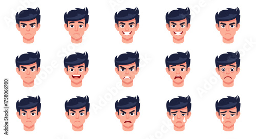 Collection of male cartoon character facial expressions depicting a wide range of emotions for animation and design.