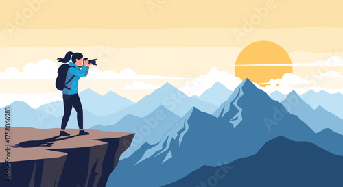 A photographer captures the beauty of a majestic mountain range during sunset.