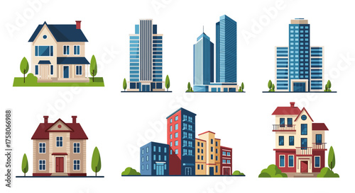 A collection of various residential and commercial buildings presented in a modern flat illustration style.