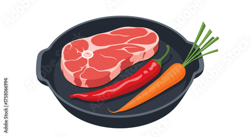 Raw ingredients for a delicious meal including a steak, red chili pepper, and carrot in a skillet.