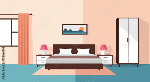 A cozy bedroom interior featuring a bed lamps nightstands wardrobe and window with curtains.