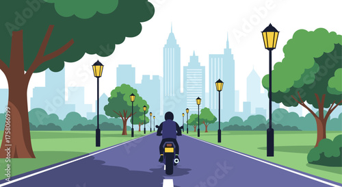 A person riding a scooter down a road lined with trees and lampposts towards a city skyline.