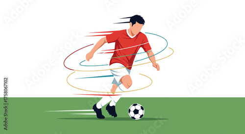 Dynamic soccer player dribbling the ball with motion blur and colorful vortex effects on a green field and white background.