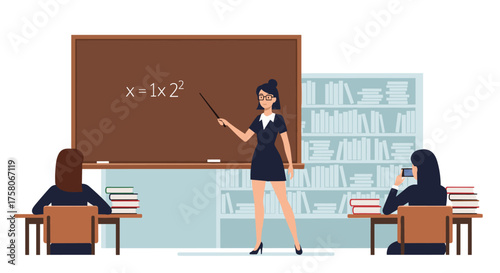 Teacher explaining mathematical equation on the blackboard to students.