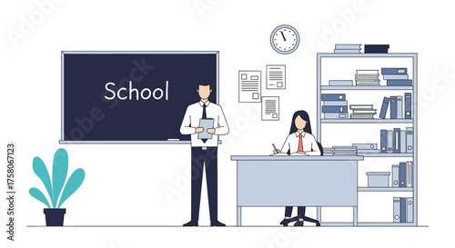 An illustration of a school classroom with a teacher and a student.