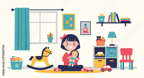 A young child plays happily with her toys in a colorful playroom.