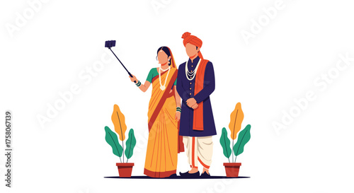 Couple in traditional Indian attire captures a memorable moment with a selfie stick in front of potted plants.