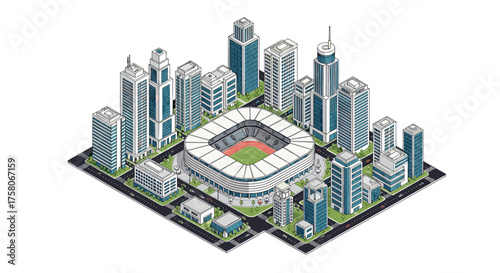 An isometric view of a modern stadium surrounded by a city skyline filled with skyscrapers and buildings.