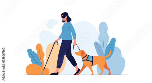 A visually impaired person with a guide dog and a cane navigates an outdoor path.