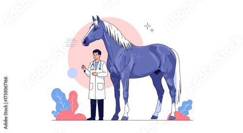 A veterinarian examines a beautiful blue horse in a modern clinic with abstract plants.
