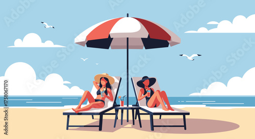 Two women relax on beach chairs under a large umbrella enjoying a sunny day.