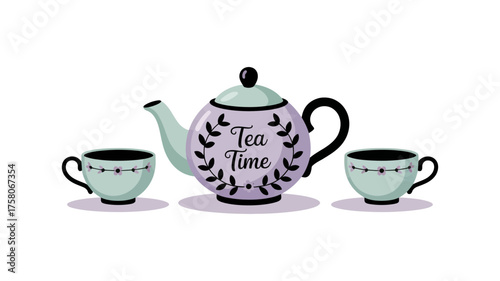 Charming teapot and cups invite to a delightful tea time moment