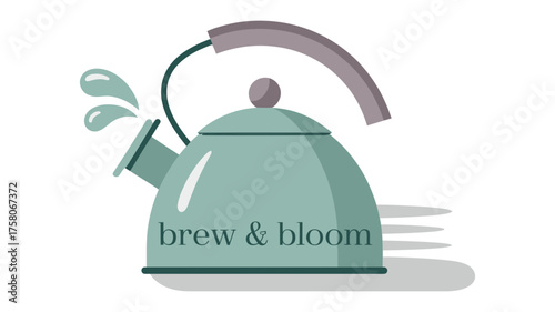 Stylized illustration of a mint green kettle with water splashing from the spout, suggesting a warm beverage.