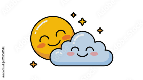 Cheerful sun and happy cloud embracing in a bright sky with sparkling stars.
