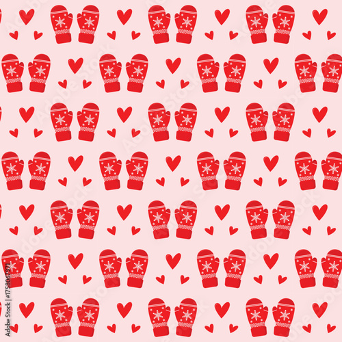 Winter seamless pattern with red mittens and hearts. Christmas vector illustration.