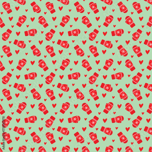 Winter seamless pattern with red mittens and hearts on green background. Christmas vector illustration.