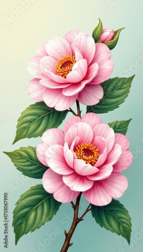Delicate camellia blossoms, soft watercolor effect, green leaves, illustration, fine art, gentle