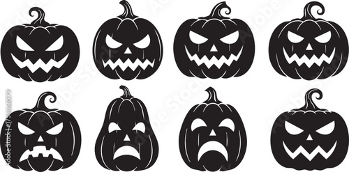 Spooky collection of eight black Halloween jack o'lantern silhouettes with varied menacing expressions and swirling stems