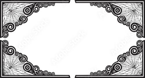 Elegant black and white Halloween corner border with intricate spiderwebs and swirling decorative elements, perfect for festive invitations and spooky event designs.