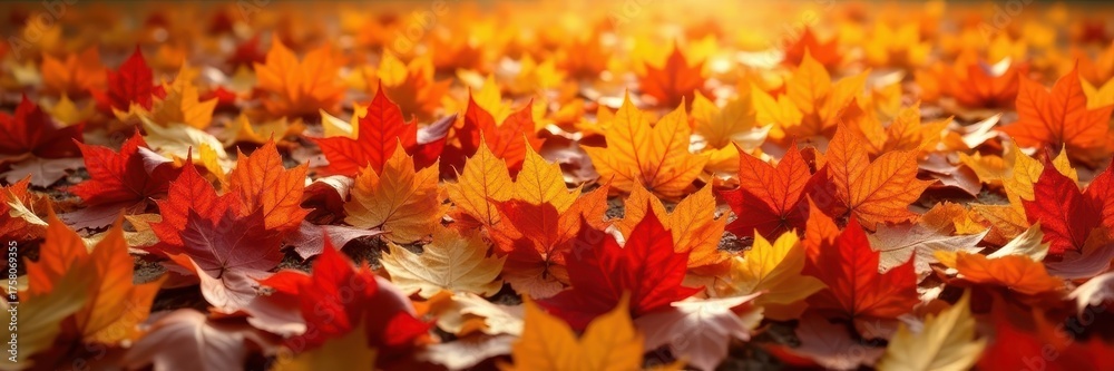 Obraz premium Dense layer of fallen autumn leaves Intense orange tones dominate , stock image, vibrant, red