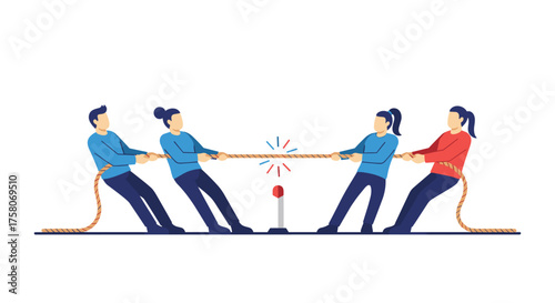 Diverse teams pull on a rope in a competitive tug of war with a marker indicating a close contest