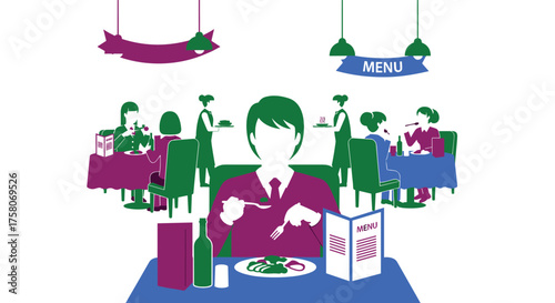 Diners Enjoying Meals and Service in a Lively Restaurant Ambiance