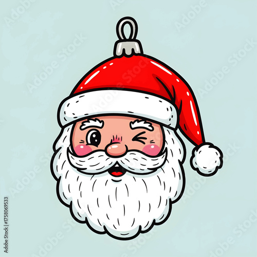 Cartoon illustration of Santa Claus head with a winking eye, wearing a red hat with white trim and a fluffy white beard.