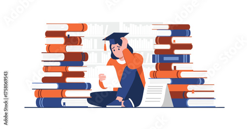 Stressed Student Studying Overwhelmed by Large Pile of Books and Study Materials