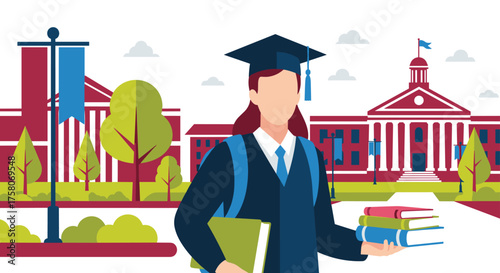 A Graduating Student Stands Proudly with Books on Campus