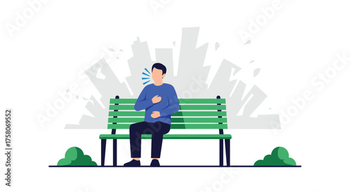 Man Feeling Breathless While Sitting on a Park Bench Outdoors