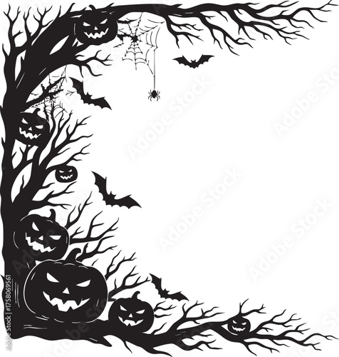 Spooky Halloween black silhouette frame with grinning pumpkins, creepy bare branches, flying bats, and a dangling spiderweb for festive decorations and party invitations