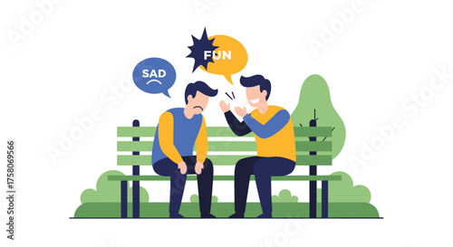 Friend Tries To Cheer Up Sad Person Sitting On Park Bench