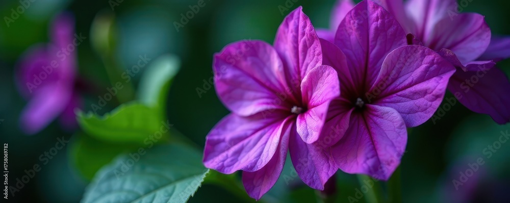 Fototapeta premium Intense violet petals, lush green leaves, close-up detail, garden, detail, photography