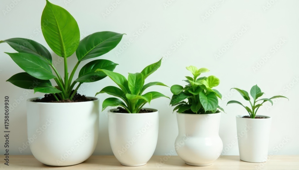 Obraz premium Jade, pothos, snake plant, & ficus in white pot, white, nature