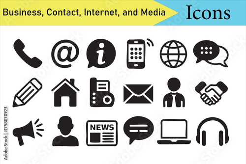 Flat vector communication icons featuring phone, email, and chat for marketing use