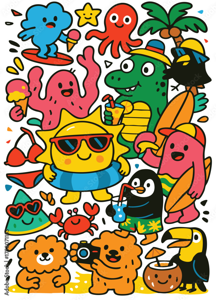 Naklejka premium Cartoon summer beach fun character, sun, animal, surfing, ice cream, tropical, happy