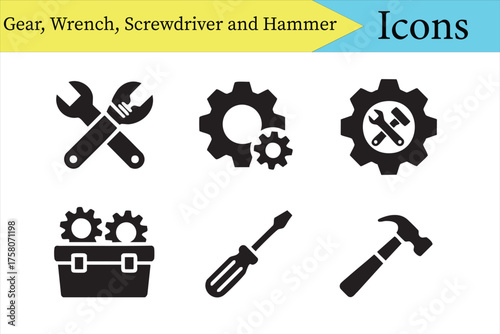 Construction and mechanic gear icons set for engineering and workshop projects