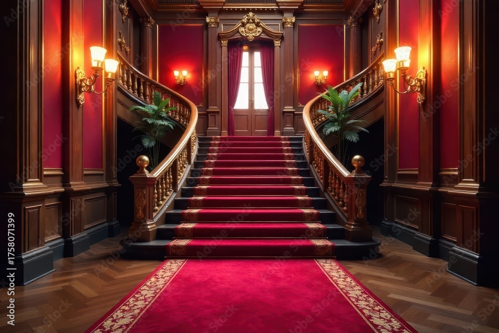 Obraz premium Grand staircase, plush red carpet, opulent hall, carpet, stairs