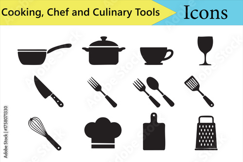 Black silhouette icons of cookware and utensils for culinary vector design